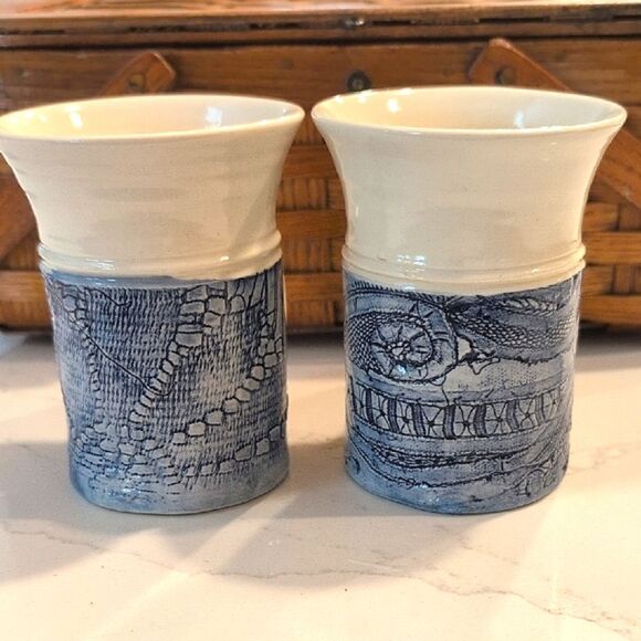 Hand Crafted Blue and Cream Art Pottery Coffee Cups Vintage Tea Mugs Set of 2 - Picture 11 of 12
